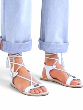 Free People Bryn Marr White Leather Fringe Tassel Beaded Ankle Wrap Sandals NWOT